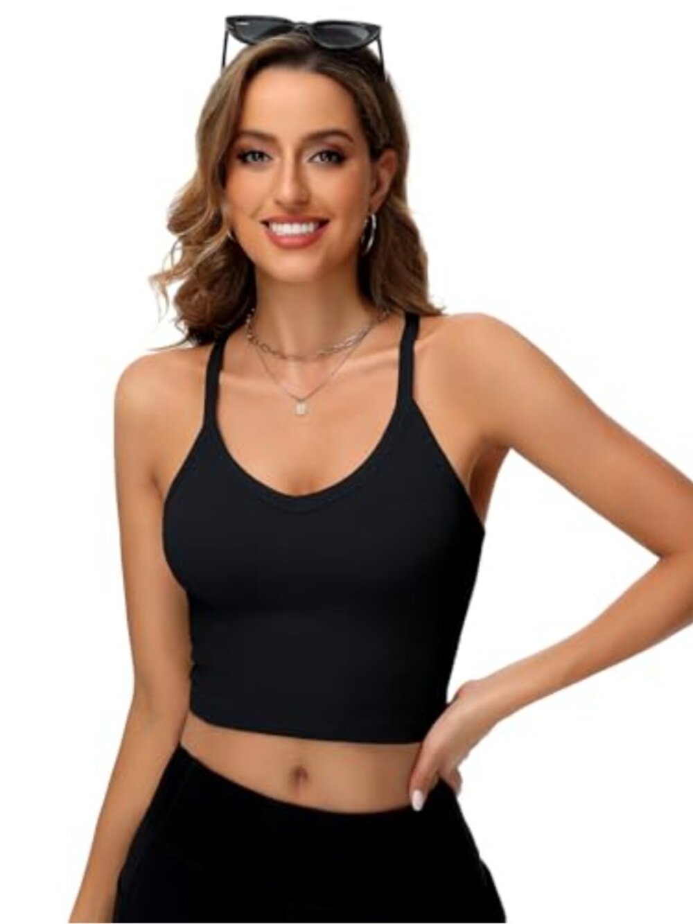Womens Ribbed Racerback Cropped Workout Tank Top - Picture 2 of 6